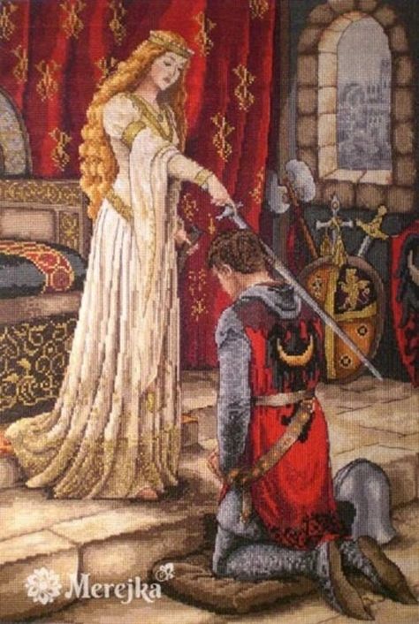 The Accolade Counted Cross Stitch Kit from Merejka , queen and knight, historical kit Edmund Blair Leighton, The Accolade, Princess Diy, Throne Room, Classic Paintings, Medieval History, Creation Couture, Counted Cross Stitch Kits, Stitch Kit