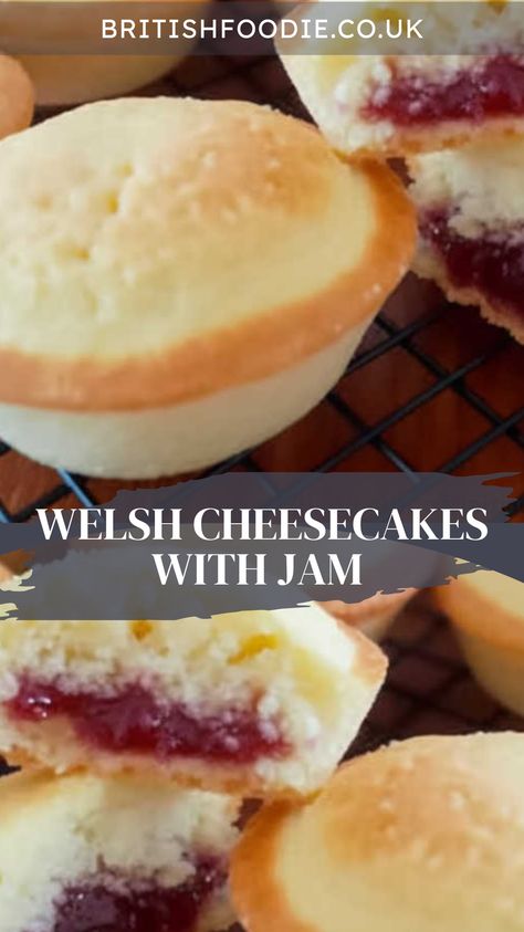 What a discovery! Welsh cheesecakes—cheese-less delights with a layer of pastry at the bottom, a centre with raspberry jam, all topped with soft fluffy cake mixture. Welsh Desserts, Welsh Cakes Recipe, Bakewell Tart Recipe, Suet Pudding, Scotch Pancakes, Welsh Cakes, Welsh Recipes, Coconut Biscuits, Cozy Recipes