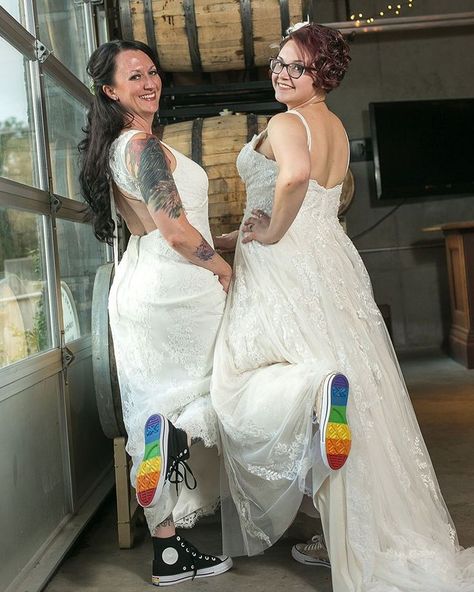 House of Ollichon loves...Brides with Rainbow Soles! A whimsical polyamorous wedding joining two families in awesomeness. #pride #samesexwedding #lesbianwedding Queer Wedding Ideas, Polyamorous Wedding, Triad Wedding, Poly Wedding, Humble Wedding, Poly Family, Sapphic Wedding, Canva Inspiration, Rainbow Wedding Dress