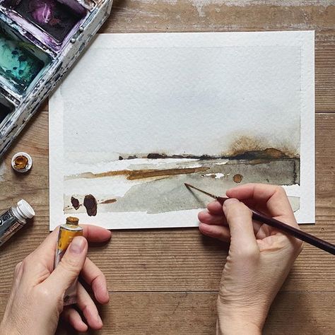 Tiny Watercolor, Painting With Watercolors, Tiny Landscape, Bathroom Cupboard, Small Watercolor, Distant Memory, Abstract Watercolor Landscape, 2 Hands, Painting Courses