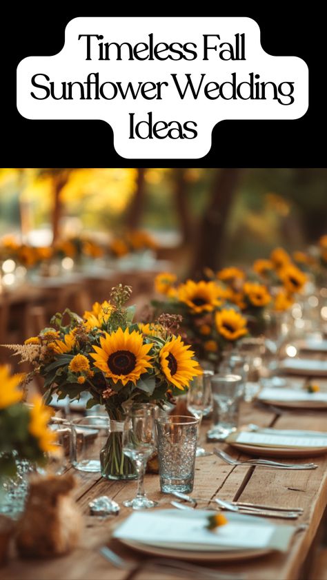 A rustic fall wedding featuring vibrant sunflower bouquets and enchanting table settings, perfect for creating a warm autumn atmosphere. Sunflowers Fall Wedding, Sunflower Fall Bouquet, Fall Sunflower Wedding Theme, Fall Wedding Vibes, October Wedding Ideas Outdoor, Rustic Spring Wedding Ideas, Rustic Sunflower Wedding Ideas, Wedding Fall Centerpieces, Fall Wedding Sunflowers