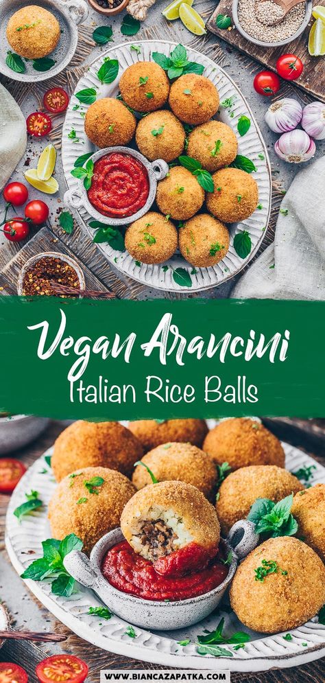 Vegan Boudin Balls, Vegan Arancini Balls, Mushroom Rice Balls, Vegan Rice Balls Recipe, Vegan Hosting Food, Vegan Sushi Balls, Vegan Sicilian Recipes, Vegan Rice Balls, Street Food Vegetarian