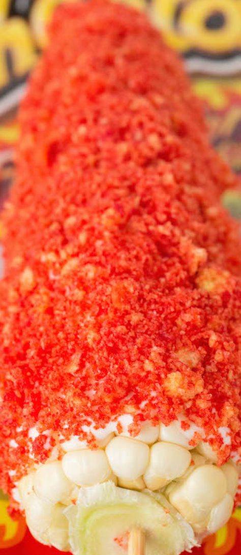 Close up of corn on the cob that is covered in crushed up Flaming Hot Cheetos. Hot Cheetos Corn, Spicy Cheetos, Cheetos Recipe, Corn On The Cob Recipe, Elote Recipe, Mexican Street Corn Recipe, Street Corn Recipe, Hot Corn, Mexican Snacks