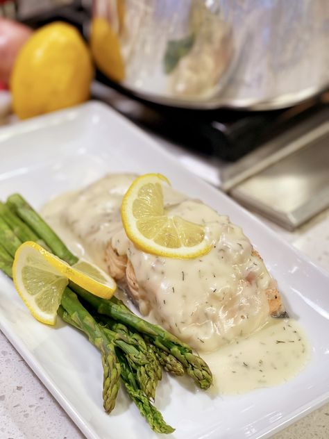 Poached Salmon With Dill Sauce, Poaching Salmon, Baked Oyster Recipes, Lemon White Wine Sauce, Poached Cod, Poached Salmon, Oyster Recipes, Tv Chefs, Tv Food