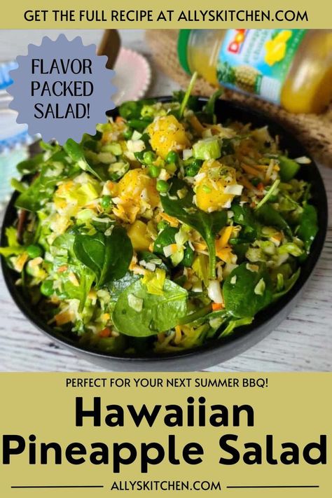 Plateful of Hawaiian pineapple salad with spinach, pineapple, and peas. Pineapple Feta Salad, Hawaii Salad, Hawaiian Salad Recipes, Pineapple Recipes Healthy, Fresh Pineapple Recipes, Hawaiian Appetizers, Pineapple Salad Recipes, Hawaiian Salad, Salad With Pineapple