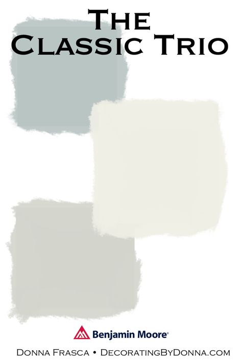 A Timeless Benjamin Moore Color Trio Classic Grey Benjamin Moore Coordinating Colors, Green Powder Room, Beach Paint Colors, Outside House Colors, Benjamin Moore White, Paint Color Schemes, Benjamin Moore Colors, Coastal Colors, Green Powder