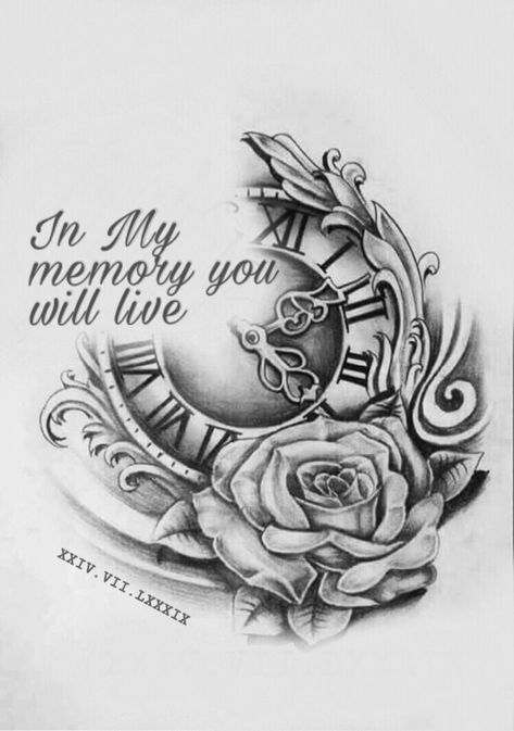 225+ Clock Tattoos Ideas and Designs (2023) - TattoosBoyGirl In Loving Memory Clock Tattoos, Mom In Memory Tattoo Ideas, Memorial Tattoo Ideas Mom, Rest In Peace Brother Tattoos, In Living Memory Tattoos, Live Life Tattoo Ideas, Dad Memory Tattoos, Dad Tattoos In Memory Of, Unique Memorial Tattoos Grandmother