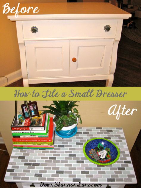 How to Tile the Top of a Dresser http://downshannonlane.com Tile Dresser, Decorating A Dresser Top, Decor Dresser Top, Record Player Shelf, Dresser Top Decor, Dresser Remodel, How To Tile, Dresser Refinish, Furniture Remodeling