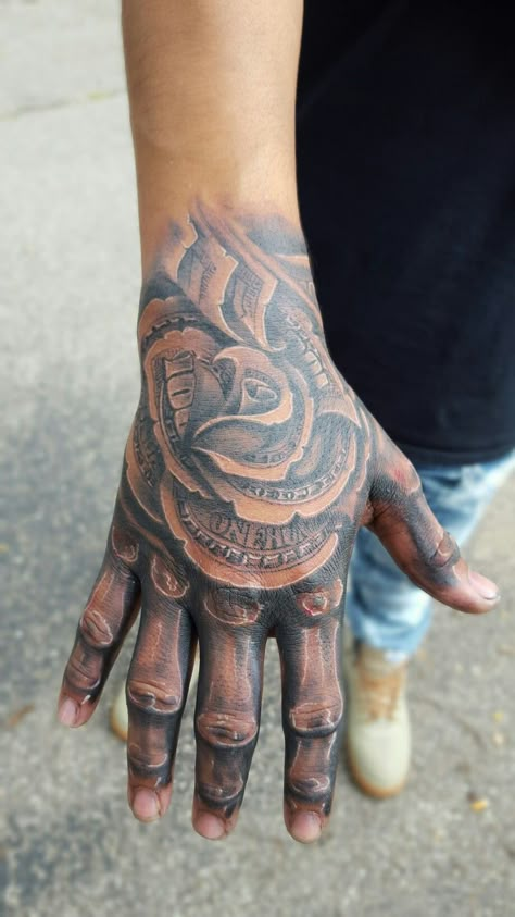 Money rose More Money Rose Tattoo, Money Bag Tattoo, Bag Tattoo, Hand Tattoo Designs, Full Hand Tattoo, Skull Hand Tattoo, Rose Hand Tattoo, Money Rose, Money Tattoo