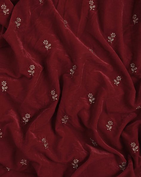 Red Floral Embroidery Micro-Velvet Fabric – Fabriclore.com Embroidery Designs On Saree, Red Fabric Embroidery, Velvet Work Embroidery, Embroidery On Velvet Fabric, Embroidery On Red Fabric, Embroidery On Velvet, Embroidery On Printed Fabric, Velvet Embroidery, Embroidered Fabric