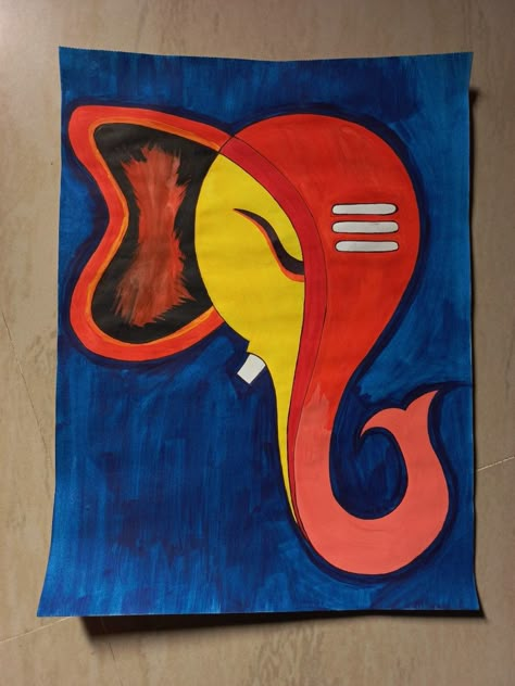 Water colour painting of Bappa Ganesh Drawing Simple With Colour, Water Colour Rangoli Designs, Rangeela Colour Painting Ideas, Ganpati Bappa Painting Easy, Ganpati On Canvas, Ganesh Canvas Painting Easy, Ganesh Ji Painting, Ganpati Rangoli, Festival Drawing