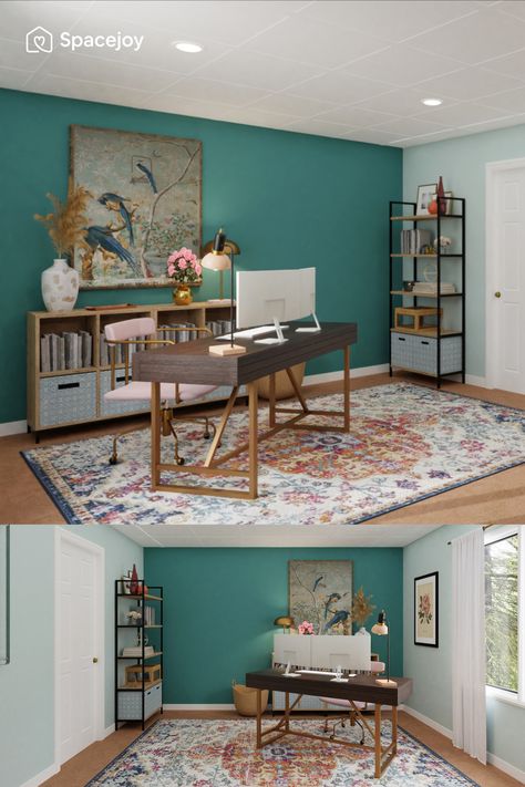 Every inch of this home office design looks dreamy & aspirational. The accent mint wall with the Chinoiserie Collage Picture Frame Painting Print on Paper from Perigold adds elegance. The Sterling Desk from Wayfair with a pretty pastel feels with the blush chair - Lenox Swivel Office Chair from West Elm. The reading nook with The Esteem Tufted Performance Velvet Accent Armchair from Lexmod adds style. This has to be your next chic office look. Love this? Shop the design at Spacejoy. Home Office Paint Ideas Modern, Airbnb Office Design, Teal Accent Wall Office, Bold Home Office Colors, Seafoam Green Office, Home Office Pastel, Turquoise Office Ideas, Teal Office Ideas, Teal Office Walls