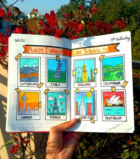 Places To Travel Journal, Places I Want To Visit Journal, Traveling Drawing, Travel Art Journal, Creating A Bullet Journal, Bullet Journal Mood Tracker Ideas, Journal Design Ideas, Bullet Journal Design, Posca Marker