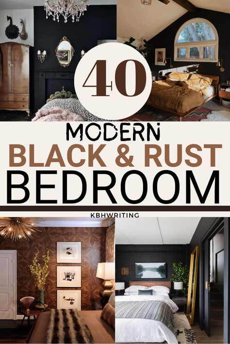 Modern Black & Rust Bedroom Ideas That Are Stunning. Explore design ideas that harmoniously blend the deep, bold elegance of black with the warm, earthy tones of rust. Create a bedroom retreat that exudes sophistication and coziness, all in one captivating space. #BlackAndRustBedroom Black Color Palette Bedroom, All Black Bedroom Aesthetic, Men’s Bedroom Color Scheme, Black And Caramel Bedroom, Black And Camel Bedroom, Black Headboard Bedroom Color Schemes, Rust Bedroom Ideas, Black And Copper Bedroom, Dark Neutral Bedroom