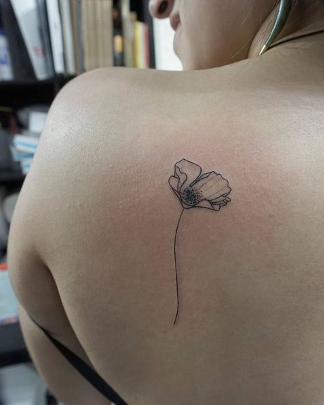 Shaded Poppy Tattoo, Simple Poppy Tattoo Design, Wrist Poppy Tattoo, Minimalistic Poppy Tattoo, Poppy Tattoo With Name In Stem, Dainty Poppy Tattoo, Fine Line Poppy Tattoo, Deep Tattoo, Poppy Tattoo