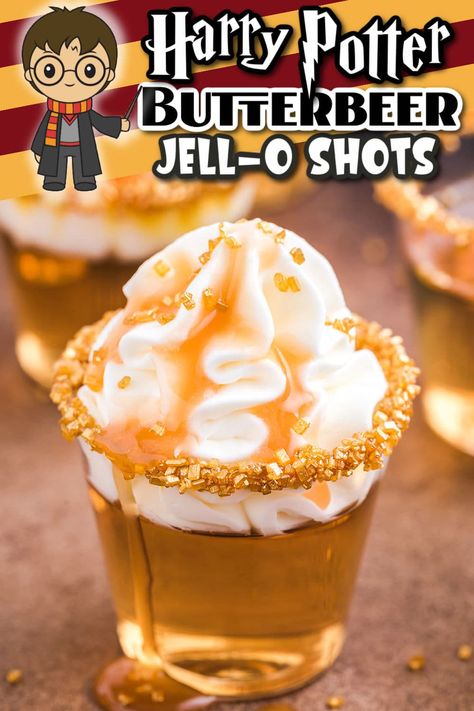 Jell O Shots Recipe, Adult Harry Potter, Harry Potter Cocktails, Shots Alcohol Recipes, Harry Potter Butterbeer, Harry Potter Drinks, Harry Potter Butter Beer, Jell O Shots, Butterbeer Recipe