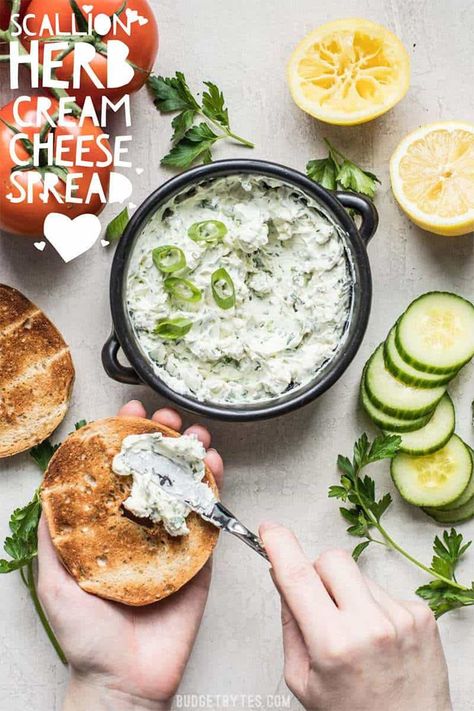 This tangy, herb-infused Scallion Herb Cream Cheese Spread is perfect for sandwiches, wraps, or even snacking on fresh vegetables. Herb Cream Cheese Spread, Herb Cream Cheese, Greek Marinated Chicken, Cream Cheese Spread, Sandwiches Wraps, Budget Bytes, Bagel Cream Cheese, Vegetarian Breakfast Recipes, Cream Cheese Spreads