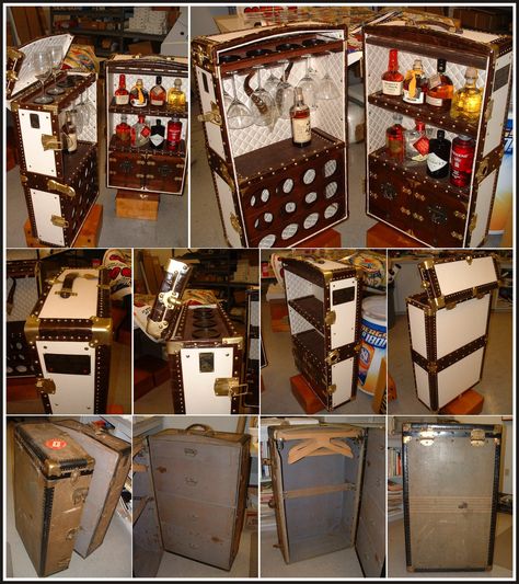 Standing Steamer Trunk Restore/New Bar by MauruCat Friend Jokes, Campaign Furniture, Art Deco Bar, Portable Bar, Travel Trunk, Trunks And Chests, Antique Trunk, Vintage Trunks, Wine Bottle Rack