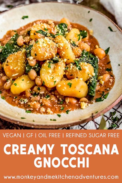 Ultra-comforting and flavorful, this Creamy Toscana Gnocchi is high-fiving good! Ready in 30 minutes, this tasty dish is perfect for weeknight meals. #vegan #oilfree #glutenfree #plantbased | monkeyandmekitchenadventures.com Creamy Gnocchi, Gluten Free Gnocchi, Meals Vegan, Vegan Parmesan Cheese, Gnocchi Recipes, Vegan Parmesan, Calamari, Italian Dishes, Tortellini