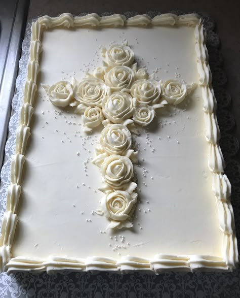 Memorial Cake, Cross cake, Funeral cake, buttercream, sheet cake, white, roses, simple, wonderland Cakery Baptism Sheet Cake, Buttercream Sheet Cake, Memorial Cake, Twin Peaks Sheriff Department, Christian Cakes, First Holy Communion Cake, Cross Cake, Sheriff Department, Cross Cakes