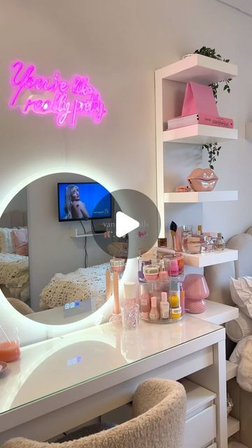 Whitney Stone on Instagram: "Vanity details 🪞🧚‍♀️🎀✨

It’s time for a vanity tour! ✨ My vanity is my happy place, perfectly organized with everything I need. 💄 From my organizers to the cutest vanity mirror and my favorite wall shelf—everything has its own special spot! 🌸 And how could I forget my glowing neon sign? It ties the whole vibe together. 💫

Who’s loving this setup? Drop a “sign” in the comments for all the links! 💕

Tags:
#vanity #vanitymirror #makeup #interiordesign #bathroom #bathroomdesign #homedecor #beauty #ooo #vanitytable #mirror #design #fashion #vanities #vanityroom #beautyroom #vanitystorage #love #makeupmirror #interior #kitchen #s #furniture #luxury #makeupstorage #decor #makeupartist #cosmetics #vanitymakeup #vintage" Vanity Tour, My Vanity, Perfectly Organized, Kitchen S, Vanity Room, Furniture Luxury, Vanity Storage, Mirror Design, Interior Kitchen