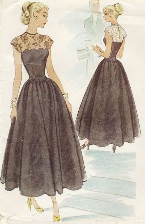 Vintage Clothes 1940s, 40s Mode, Evening Dress Sewing Patterns, Patron Vintage, Fashion 1940s, Vintage Dress Patterns, Sheer Lace Top, Evening Gown Dresses, 40s Fashion