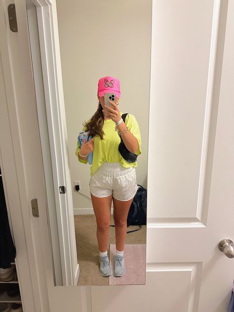 Outfit inspo for class when its 85 degrees but you still want to look cute Hat- MKDecker Shorts and tee - FP Movement HOKAS ALWAYS! Cute Hoka Outfits, Fp Movement Outfit, Hoka Outfit, College Outfit, Fp Movement, Cute Hats, College Outfits, Random Stuff, To Look