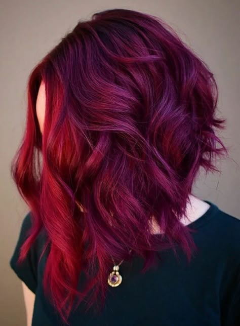 Red And Purple Color Melt Hair, Plum And Red Hair, Cranberry Pink Hair, Red Roots Purple Hair, Short Ruby Red Hair, Purple Hair Red Highlights, Purple Hair With Red Highlights, Red And Purple Hair Short, Bright Hair Colors Short Shoulder Length