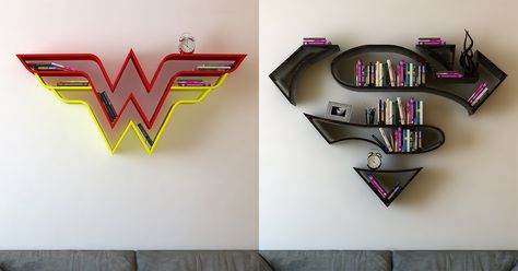 A Turkish craftsman is selling these. Sorry, no Batman bookshelf yet. Comic Themed Room, Batman Bookshelf, Superhero Wall Decor, Wonder Woman Superman, Superman Drawing, Log Projects, Batman Love, Cool Kids Rooms, Superhero Wall Art