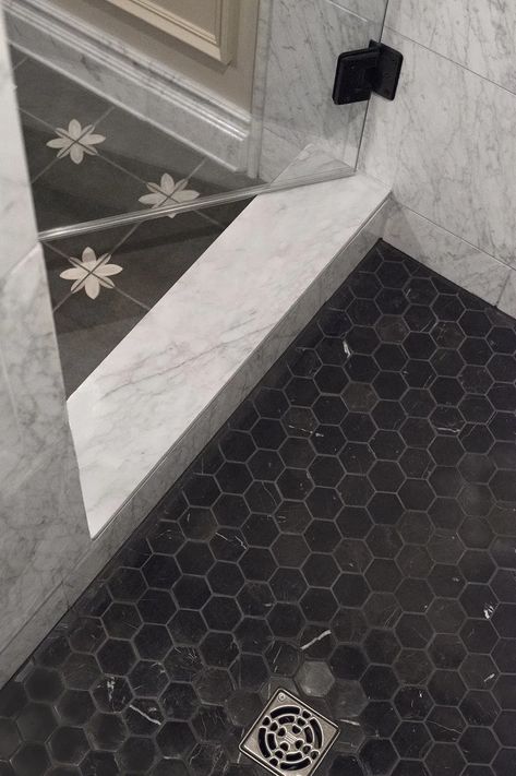 Black Hexagon Tile Shower, Black Hexagon Tile Bathroom Floor, Floral Tile Bathroom, Wall Tiling Ideas, Oak Master Bath, Black Hexagon Tile Bathroom, White Hexagon Tile Bathroom, Hexagon Tile Bathroom Floor, Basement Living Space