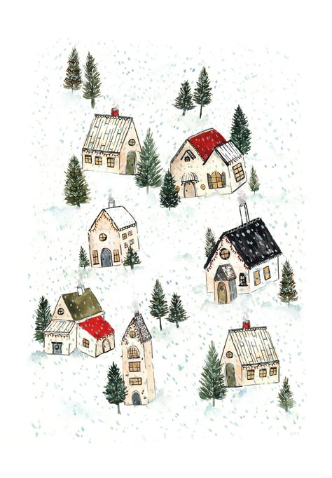 Christmas Village Drawing Easy, Christmas Cottage Drawing, White Village Christmas Houses, Christmas Village Drawing, Christmas Town Illustration, Christmas Village Painting, Christmas Village Illustration, Xmas Widgets, Christmas Village Art