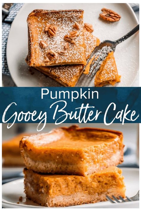 This pumpkin gooey butter cake is so ridiculously good! Gooey, buttery cake topped with creamy, tangy pumpkin filling. Pumpkin Butter Cake, Pumpkin Gooey Butter Cake, Ooey Gooey Cake, Pumpkin Buttercream, Gooey Cake, Gooey Butter, Cookie Rookie, Gooey Butter Cake, Butter Cake Recipe