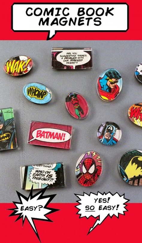 76 Crafts To Make and Sell - Easy DIY Ideas for Cheap Things To Sell on Etsy, Online and for Craft Fairs. Make Money with These Homemade Crafts for Teens, Kids, Christmas, Summer, Mother’s Day Gifts. |  Comic Book Magnets  |  diyjoy.com/crafts-to-make-and-sell Comic Crafts, Book Magnets, Comic Book Crafts, Market Day Ideas, Superhero Crafts, Diy Magnets, Crafts For Teens To Make, Magnet Crafts, Geek Decor