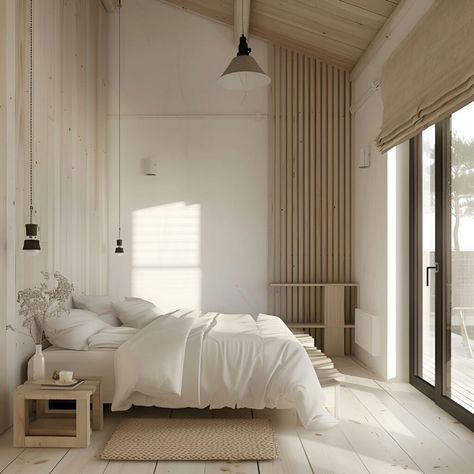 Scandinavian-style guest house with natural light, white minimalist interiors, light wood accents, and soft shadows. Features include large windows, cozy white linens on the bed, wooden slats on walls, modern pendant lighting, and an indoor balcony. Sliding doors open to a serene exterior terrace, perfect for relaxation. House With Natural Light, Light Wood Accents, Bed Wooden, Indoor Balcony, White Linens, Modern Pendant Lighting, House Light, White Minimalist, Wooden Slats