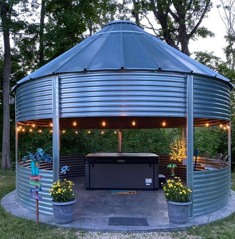 Our gazebos work great for hot tubs... - Grain bin gazebos Grain Cylo Home, Grain Bin Hot Tub Gazebo, Grain Bin Hot Tub Room, Backyard Silo Ideas, Grain Bin Hot Tub, Grain Bin Fire Pit Outdoor Fireplaces, Corn Crib Ideas, Farm Gazebo, Grain Bin Ideas