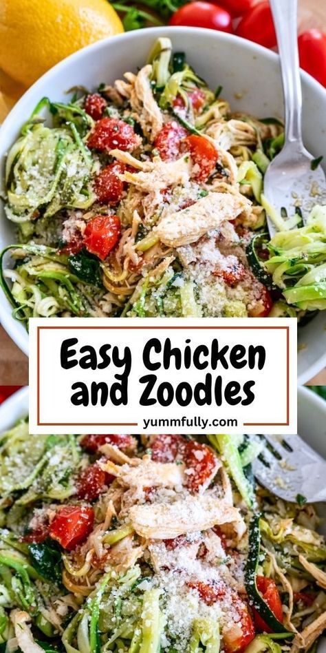 Enjoy our healthy Chicken and Zoodles recipe, combining tender chicken and spiralized zucchini noodles in a light and flavorful sauce that’s perfect for a quick weeknight dinner. If you’re looking for a delicious way to incorporate more veggies into your diet or seeking a variety of mouthwatering recipes, click here to explore a world of culinary delights that will make your taste buds dance with joy. Chicken And Zucchini Noodles, Spiralized Veggie Recipes, Noodles With Zucchini, Chicken And Zoodles, Spiralized Zucchini Recipes, Zucchini Noodle Recipes Healthy, Spiral Vegetable Recipes, Zoodles With Chicken, Chicken And Zucchini