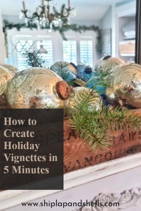 There is so much to do during the holidays...shopping, baking, decorating, coordinating holiday events. Wouldn't it be nice to free up some of your time? I've got a few easy ideas for creating holiday vignettes in 5-minutes or less. Top Of Hutch Christmas Decor, Christmas Vinette Ideas, Christmas Vingette Ideas, Christmas Vinyettes, Christmas Countertop Decor Ideas, Christmas Sofa Table Decor, Christmas Coffee Table Decor Living Rooms, Christmas Vignettes Display, Christmas Countertop Decor