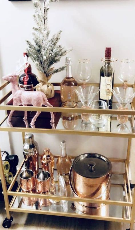 Holiday Dining Room Decor, Gold Bar Cart Target, Gold Bar Cart Styling, Christmas Bar Cart, Holiday Bar Cart, Holiday Dining Room, Diy Bar Cart, Home Bar Areas, Holiday Bar