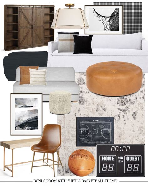 Mood Board For Our Bonus Room - Dear Lillie Studio Basketball Themed Room, Pink Playroom, Room Mood Board, Large Bookcase, Dear Lillie, Plaid Wallpaper, Bedroom Decorating Ideas, Leather Desk, Black Pillows