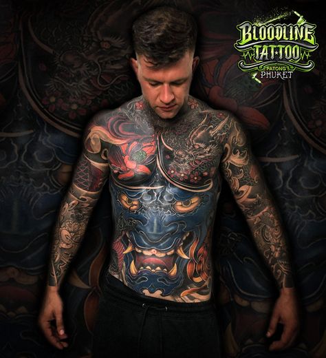 Tattoodo Front Torso Tattoo Men, Full Front Tattoo Men, Front Body Tattoo, Full Torso Tattoo, Bloodline Tattoo, Kong Tattoo, Hong Kong Tattoo, Front Tattoo, Japanese Back Tattoo