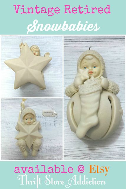 Set of 5 retired vintage Snowbabies ornaments available at Etsy Thrift Store Addiction! Snowbabies Ornaments, Finding Treasure, Christmas Pins, Yard Sale, Christmas Cheer, Thrift Store, Gift Guide, Small Businesses, Christmas