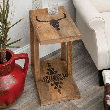 Exclusive Item - Bring a desert touch to your living room with this mango wood side table featuring a longhorn skull and southwest geometrics. 11 3/4"W x 18"D x 23"H. Western End Tables, Small Western Living Room, Western Boho Living Room, Rodeo Decor, Western Room Ideas, Southwestern Furniture, Western Table, Western Room, Rustic Tables