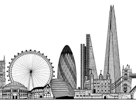 London Buildings Drawings, Uk Drawing, London Skyline Drawing, London Drawing Sketches, London Eye Drawing, Gherkin London, London Sketch, Sketch London, Skyline Drawing