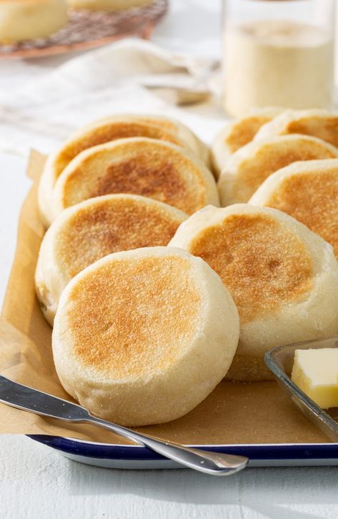 Better Baking Academy: Classic English Muffins - Bake from Scratch Baked English Muffins, English Muffins Recipe, Muffins From Scratch, English Muffin Recipe, Breakfast Shop, English Muffin Breakfast, English Muffin Bread, English Muffin Recipes, Homemade English Muffins