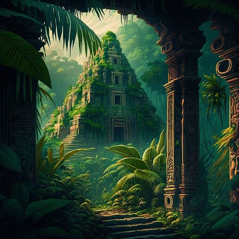 South America Fantasy Art, Jungle Fantasy Art, Jungle City Fantasy Art, Rainforest Village Concept Art, Rainforest City, Amazon Jungle Photography, Tropical Environment Concept Art, Jungle Kingdom Fantasy Art, Jungle Temple Art