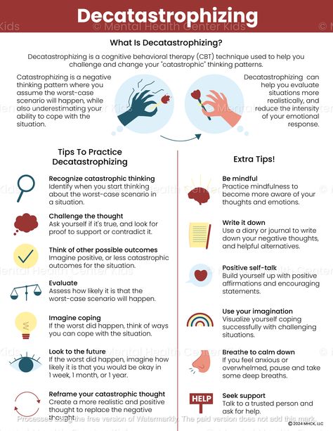 Decatastrophizing CBT Handout (PDF) – Mental Health Center Kids Cbt Cheatsheet, Cbt For Kids, Cbt Therapy Techniques, Narrative Therapy, Catastrophic Thinking, Cognitive Behavior Therapy, Cbt Techniques, Counseling Techniques, Thinking Patterns