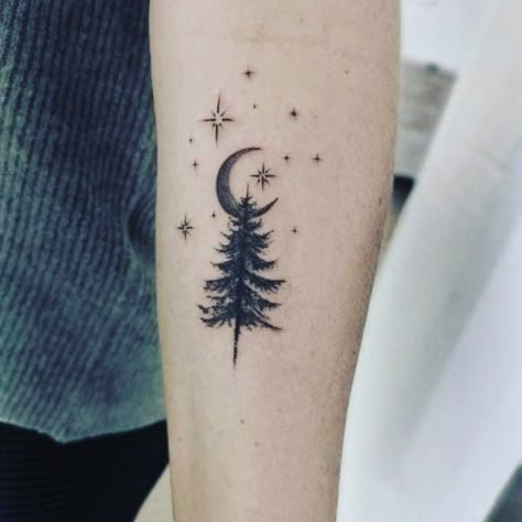 Pine Tree With Snow Tattoo, Snowy Tree Tattoo, Winter Forest Tattoo, Tree And Stars Tattoo, Winter Inspired Tattoos, Christmas Themed Tattoos, Winter Themed Tattoos, Winter Solstice Tattoo, Forrest Tattoo Designs