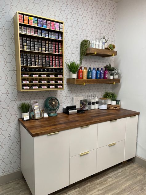 Home Salon Color Bar, Color Dispensary Salon, Double Salon Suite Decor, Colour Station Hair Salon, Salon Mixing Station Ideas, Salon Interior Color Ideas, Salon Suite Shelving, Salon Colour Bar Ideas, Hair Salon Shelving Ideas