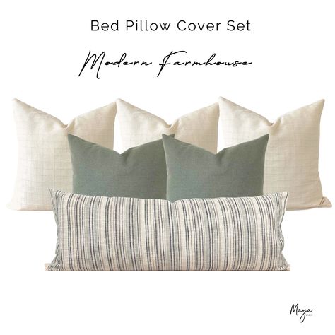 Cushions On Bed, Pillow For Bed, Throw Pillow Set, Bed Pillow Covers, Cream Bedding, White Bed Frame, Green Throw Pillow, Green Pillow Covers, California House