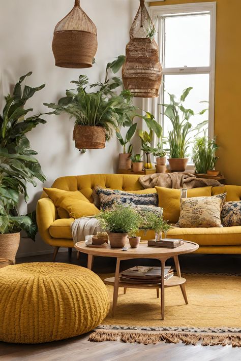 Yellow boho chic decorated living room with plants and white wall, yellow furniture Yellow Couch Decor, Calm Living Room, Yellow Couch, Room Plants, Chakra Activation, Feel Powerful, The Color Yellow, Yellow Sofa, Living Room Plants